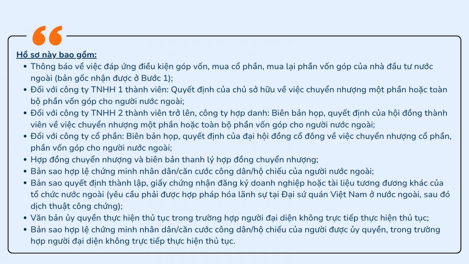 Hồ sơ chuyển nhượng 1 hoặc toàn bộ cổ phần góp vốn từ cá nhân/ tổ chức Việt sang nhà/ tổ chức đầu tư nước ngoài