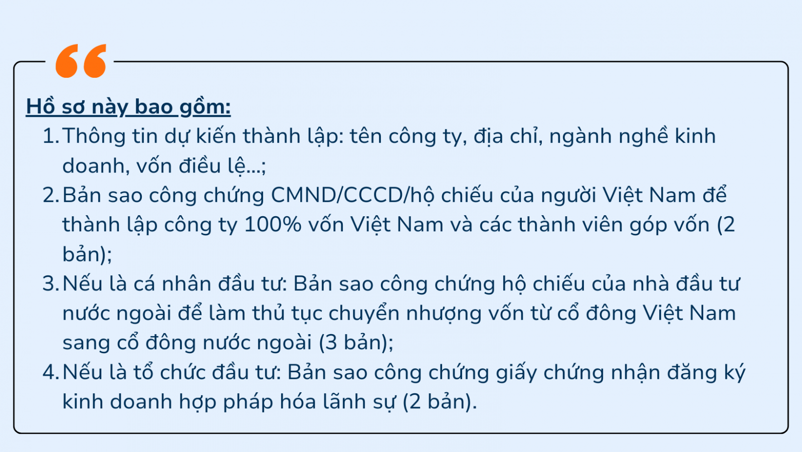 Hồ sơ thành lập công ty nước ngoài bằng hình thức thành lập công ty 100% vốn Việt Nam