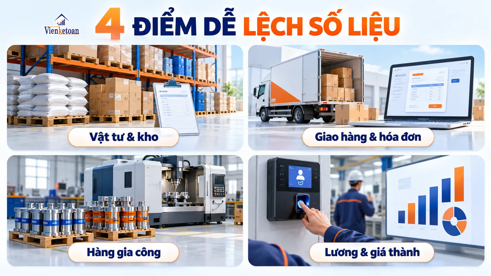 Bốn điểm dễ lệch số liệu kế toán gồm vật tư kho, giao hàng hóa đơn, hàng gia công và lương giá thành
