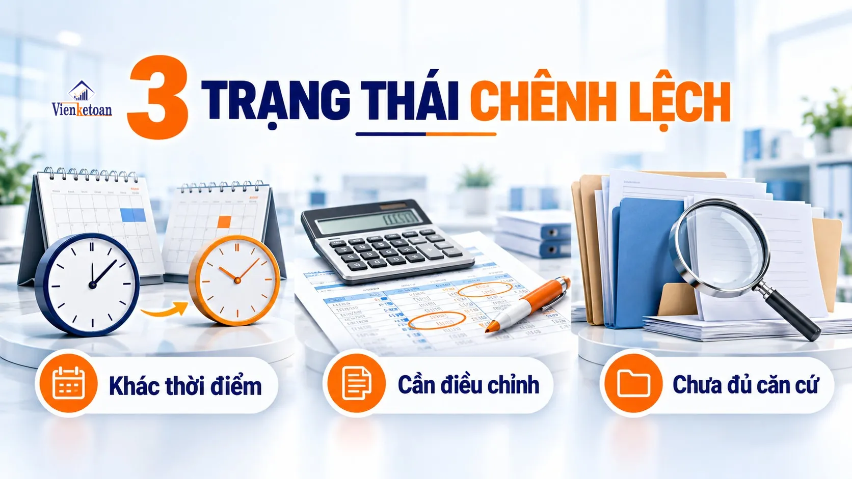 Ba trạng thái chênh lệch khi rà soát sổ sách gồm khác thời điểm, cần điều chỉnh và chưa đủ căn cứ