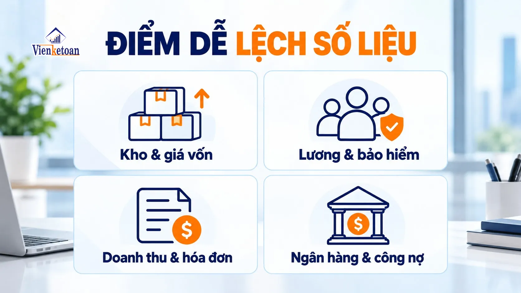 Bốn nguồn dữ liệu cần kiểm soát: kho và giá vốn, lương và bảo hiểm, doanh thu và hóa đơn, ngân hàng và công nợ