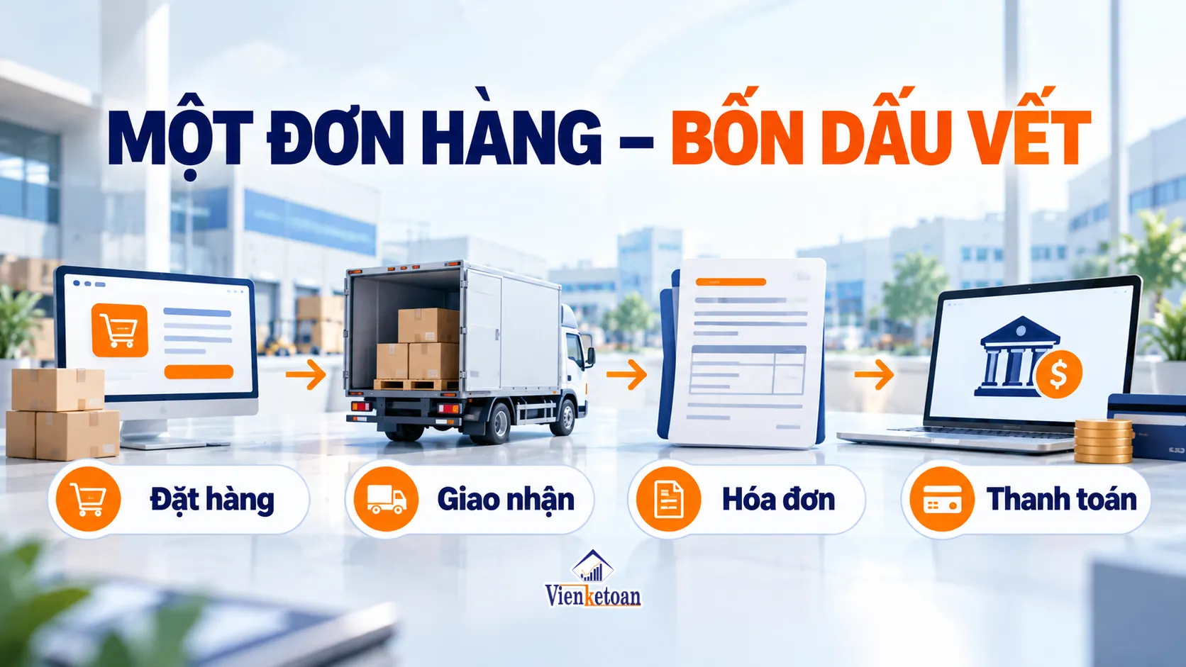 Chuỗi chứng từ của một đơn hàng gồm đặt hàng, giao nhận, hóa đơn và thanh toán