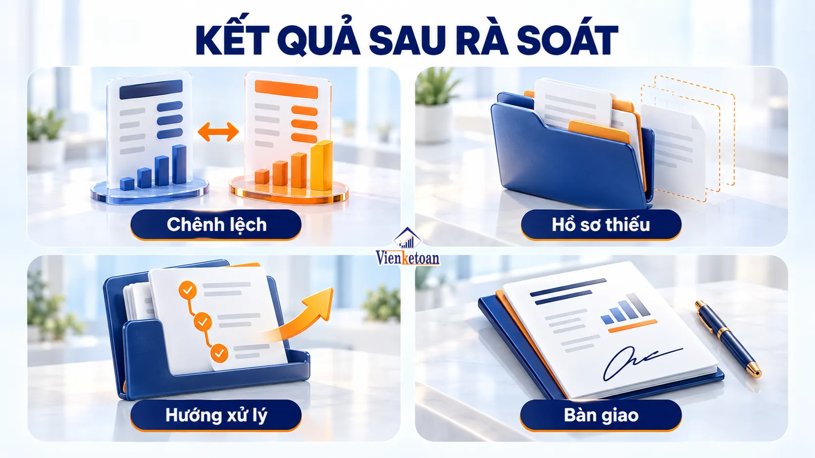 Bốn kết quả bàn giao sau rà soát sổ sách gồm bảng chênh lệch, hồ sơ còn thiếu, hướng xử lý và biên bản bàn giao