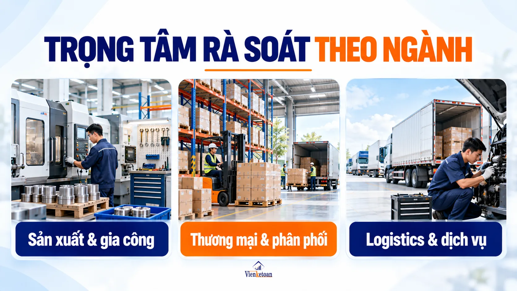 Ba nhóm doanh nghiệp sản xuất gia công, thương mại phân phối và logistics dịch vụ có trọng tâm rà soát kế toán khác nhau