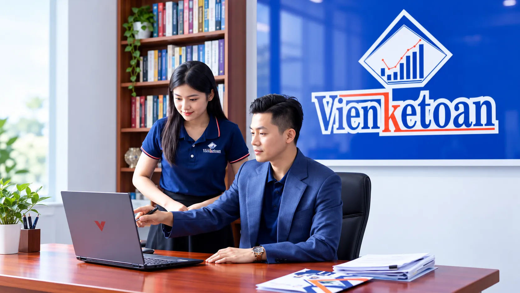 Hình ảnh đội ngũ Viện Kế Toán làm việc tại văn phòng, hỗ trợ tư vấn dịch vụ kế toán và thuế cho doanh nghiệp.