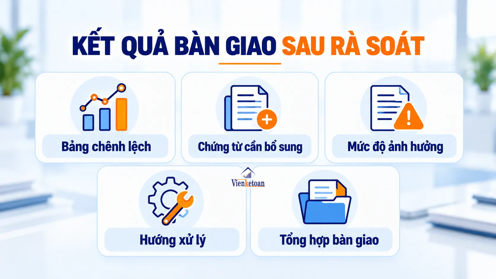 Năm loại tài liệu bàn giao khi rà soát sổ sách gồm chênh lệch, chứng từ, mức độ ảnh hưởng, hướng xử lý và tổng hợp